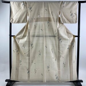 付下げ 身丈160.5cm 裄丈65.5cm M 単衣 紬地 菊 ベージュ 正絹 秀品 【中古】