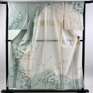 訪問着 身丈155.5cm 裄丈65.5cm M 薄物 絽 秋草 金銀彩 クリーム 正絹 秀品 【中古】