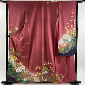 振袖 身丈156cm 裄丈65cm M 袷 檜扇 草花 金彩 ぼかし 濃ピンク 正絹 美品 秀品 【中古】