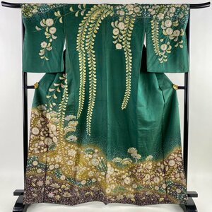 訪問着 身丈165cm 裄丈68cm L 袷 草花 松 金通し 絞り 緑 正絹 逸品 【中古】