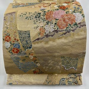 袋帯 秀品 草花 短冊 箔 金糸 金色 六通 正絹 【中古】