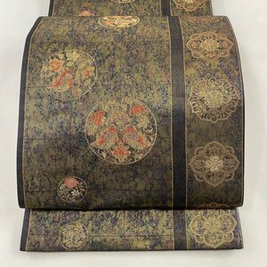 袋帯 秀品 丸文 花鳥 箔 金糸 焦茶色 六通 正絹 【中古】