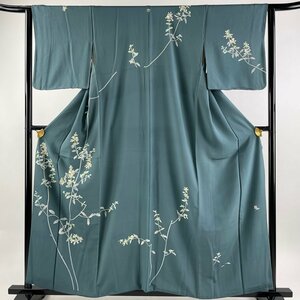 付下げ 身丈158cm 裄丈63cm S 袷 寺西一紘 草花 深緑 正絹 名品 一つ紋 【中古】