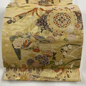 袋帯 美品 秀品 華文 花鳥 箔 刺繍 ベージュ 六通 正絹 【中古】