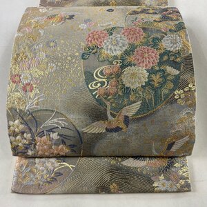 袋帯 美品 秀品 鶴 草花 金糸 箔 銀色 六通 正絹 【中古】