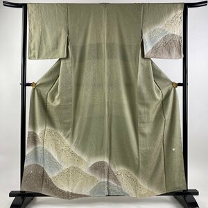 付下げ 身丈160cm 裄丈63cm S 袷 落款 遠山 絞り ぼかし 灰緑 正絹 美品 名品 【中古】