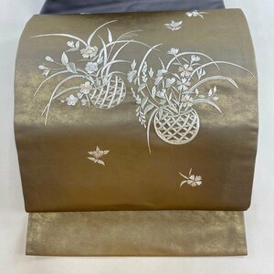 名古屋帯 優品 花籠 箔 金糸 灰色 正絹 【中古】