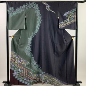 訪問着 身丈162.5cm 裄丈66cm M 袷 草花 花菱 金彩 染め分け 茶緑色 正絹 名品 【中古】