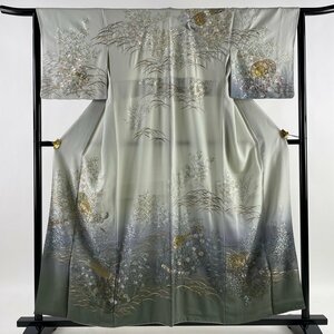 訪問着 身丈157.5cm 裄丈65cm M 袷 和楽器 草花 金糸 蘇州刺繍 灰緑 正絹 美品 逸品 【中古】