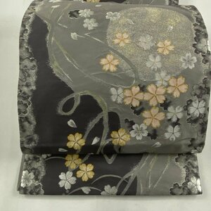 袋帯 美品 秀品 月 桜 金銀糸 箔 灰紫 六通 正絹 【中古】