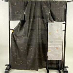 紬 身丈169cm 裄丈70cm L 袷 名古屋帯セット 霞 小花 焦茶色 正絹 美品 秀品 【中古】