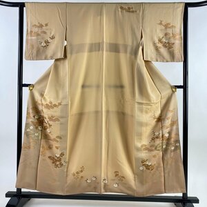 訪問着 身丈156.5cm 裄丈63cm S 袷 草花 雲文 金彩 ぼかし 薄オレンジ 正絹 優品 【中古】