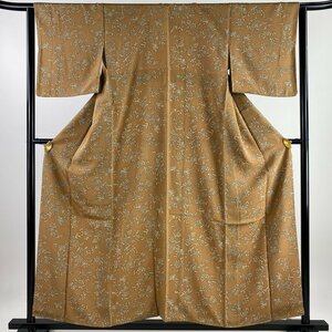 小紋 身丈157cm 裄丈63cm S 袷 花唐草 薄茶色 正絹 優品 【中古】