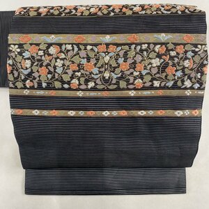 名古屋帯 優品 夏帯 絽 草花 刺繍 箔 黒 正絹 【中古】