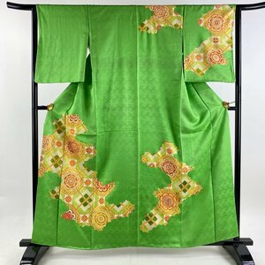 訪問着 身丈160cm 裄丈63cm S 袷 華文 菱 金糸 金彩 黄緑色 正絹 優品 【中古】