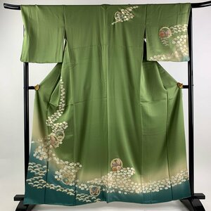 訪問着 身丈162cm 裄丈67.5cm L 袷 花 蝶 金彩 ぼかし 緑 正絹 美品 秀品 【中古】