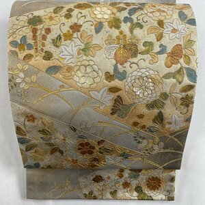 袋帯 美品 名品 草花 松皮菱 金彩 箔 銀色 お太鼓柄 正絹 【中古】