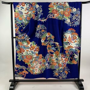 振袖 身丈155.5cm 裄丈64cm M 袷 草花 建物 紺色 正絹 名品 【中古】