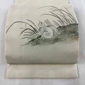 開き名古屋帯 美品 名品 夏帯 紬地 兎 灰白 正絹 【中古】