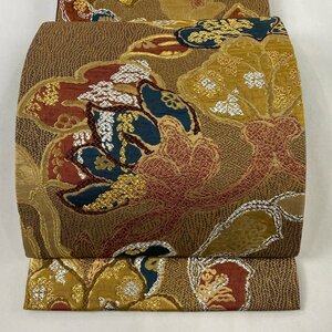 袋帯 美品 秀品 草花 金糸 箔 赤茶 六通 正絹 【中古】