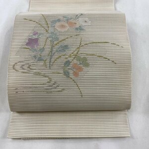 名古屋帯 美品 名品 夏帯 絽 松葉仕立て 八寸名古屋帯 秋草 流水 金銀糸 クリーム 正絹 【中古】