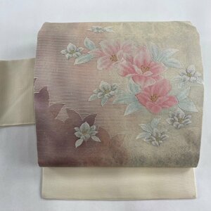 名古屋帯 優品 夏帯 絽 草花 シルエット 箔 金銀糸 クリーム 正絹 【中古】