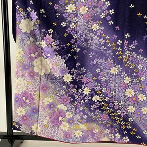 振袖 身丈159cm 裄丈62.5cm S 袷 草花 銀通し 箔 濃紫 正絹 美品 逸品 【中古】の画像2