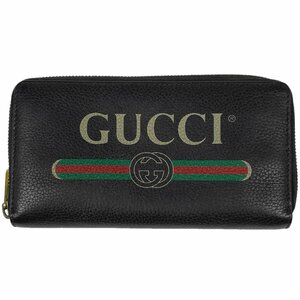 グッチ GUCCI ロゴ ラウンドファスナー 長財布 プリント ラウンドジップ 長財布 レザー ブラック 496317 レディース 【中古】