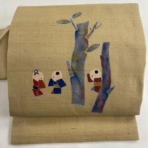 名古屋帯 美品 秀品 紬地 童 樹木 薄茶色 正絹 【中古】