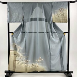 訪問着 身丈156cm 裄丈65.5cm M 薄物 絽 水辺の風景 舟 染め分け ぼかし 青灰色 正絹 秀品 【中古】