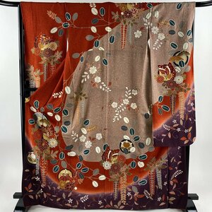 振袖 身丈169cm 裄丈65.5cm M 袷 蝶 菊 金糸 金彩 朱色 正絹 美品 名品 【中古】