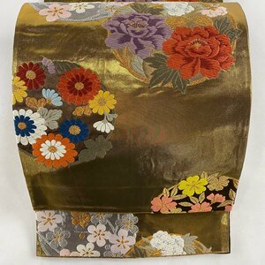 袋帯 美品 秀品 振袖向き 花丸文 草花 唐織 箔 金色 六通 正絹 【中古】