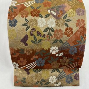 袋帯 美品 秀品 扇 桜 箔 唐織 赤茶 六通 正絹 【中古】