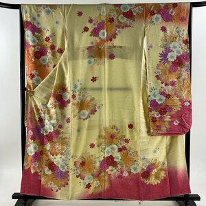 振袖 身丈156cm 裄丈65cm M 袷 キラキラ 草花 桜 銀通し 箔 薄黄 正絹 名品 【中古】