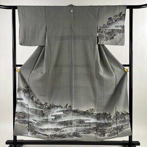 訪問着 身丈154.5cm 裄丈60.5cm S 袷 山岡古都 落款 風景 ヱ霞 ぼかし 灰色 正絹 逸品 一つ紋 【中古】