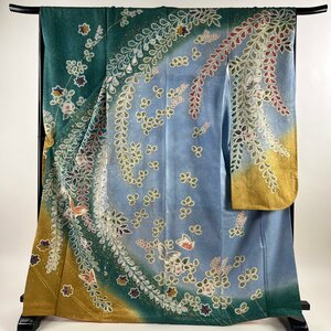 振袖 身丈167cm 裄丈67.5cm L 袷 辻が花 蝶 金糸 金彩 青緑 正絹 逸品 【中古】