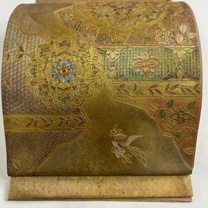 袋帯 名品 華文 鳥 金彩 箔 茶色 お太鼓柄 正絹 【中古】