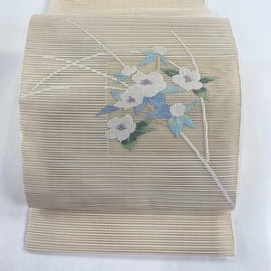 名古屋帯 美品 秀品 夏帯 八寸名古屋帯 松葉仕立て 絽 枝花 銀糸 ベージュ 正絹 【中古】