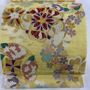 袋帯 美品 秀品 花衣 振袖向き 華文 桜 金銀糸 箔 黄色 六通 正絹 【中古】