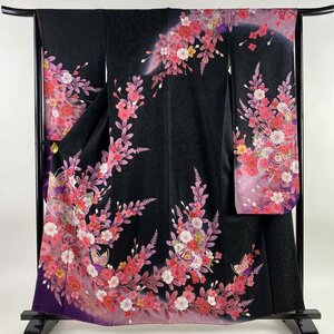 振袖 身丈160cm 裄丈65cm M 袷 手鞠 桜 金糸 金彩 黒 正絹 美品 名品 【中古】