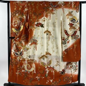 振袖 身丈155.5cm 裄丈63cm S 袷 蝶 草花 金彩 赤茶 正絹 秀品 【中古】