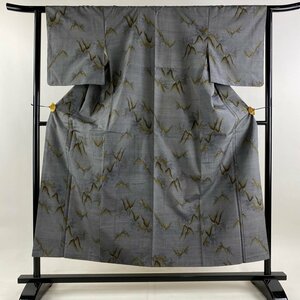 紬 身丈153cm 裄丈62.5cm S 袷 山並み 樹木 灰色 正絹 優品 【中古】