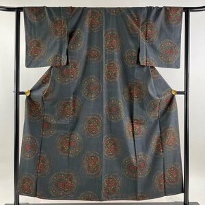 紬 身丈154cm 裄丈63cm S 袷 花 幾何学模様 紺色 正絹 美品 優品 【中古】