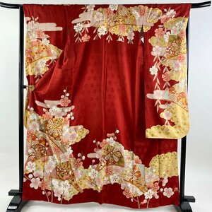  long-sleeved kimono length 164cm sleeve length 65cm M. branch plum .. comb gold paint red silk beautiful name of product goods [ used ]