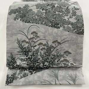 袋帯 美品 名品 落款 萬葉 菊 秋草 灰色 全通 正絹 【中古】