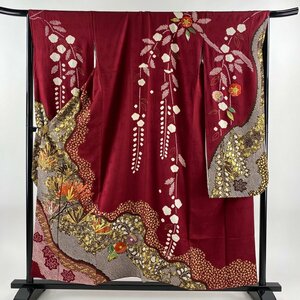 振袖 身丈157.5cm 裄丈66cm M 袷 松 草花 絞り 刺繍 えんじ色 正絹 美品 名品 【中古】