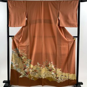 色留袖 身丈164.5cm 裄丈66.5cm M 袷 菊 松竹梅 金彩 オレンジ 正絹 秀品 一つ紋 【中古】