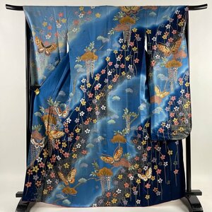 振袖 身丈166.5cm 裄丈67cm M 袷 蝶 草花 金糸 金彩 青 正絹 名品 【中古】