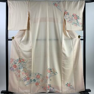 付下げ 身丈159.5cm 裄丈66cm M 袷 扇 草花 刺繍 薄ピンク 正絹 優品 【中古】