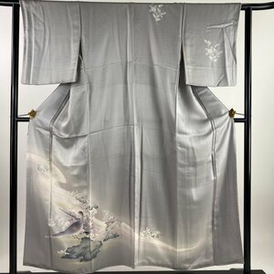 付下げ 身丈153cm 裄丈62.5cm S 袷 雉 草花 金彩 灰色 正絹 優品 【中古】